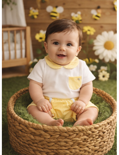 Conjunto Bebé Blanco y Cuadro Vichy Amarillo | Moda Infantil